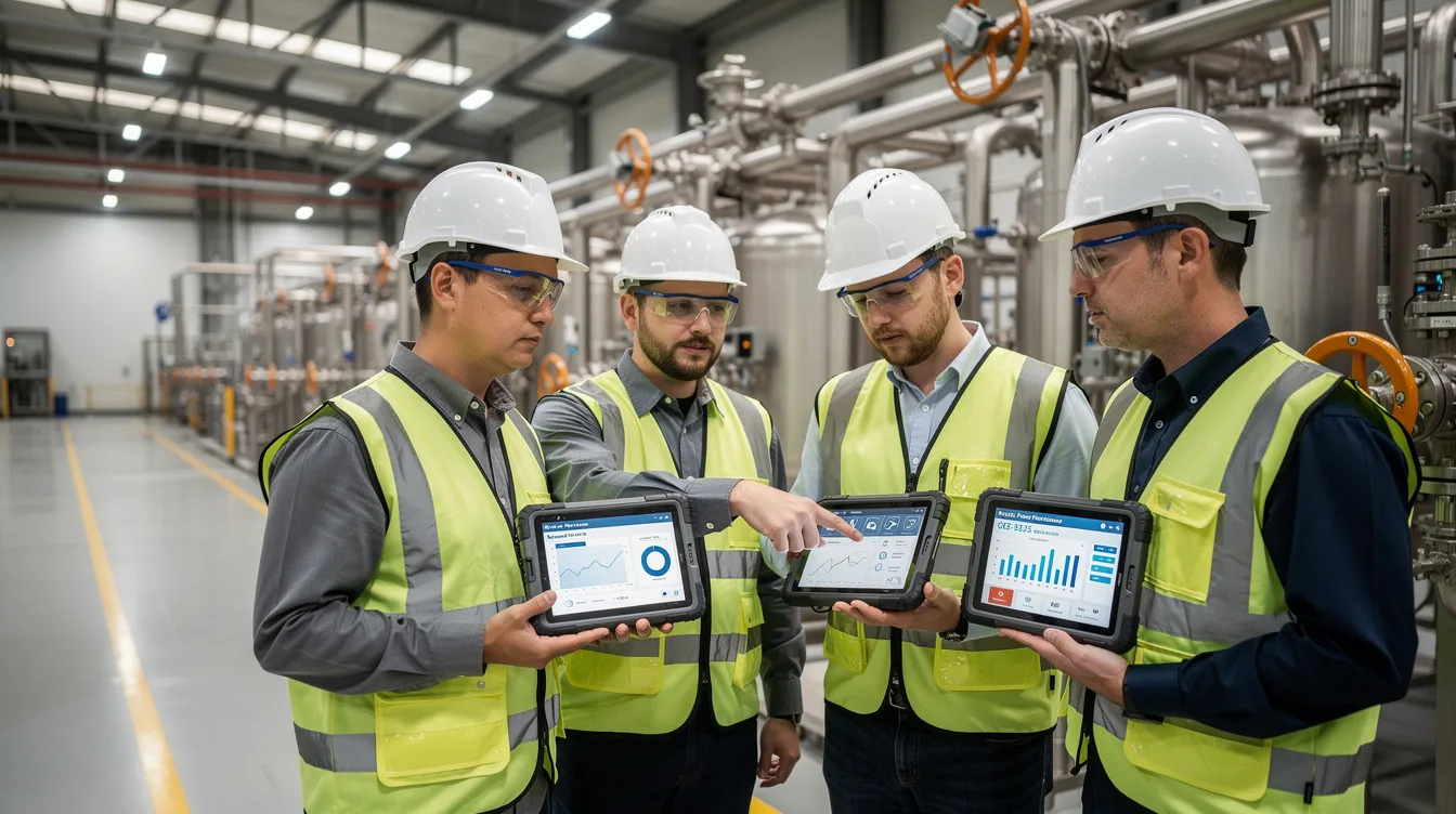 In a manufacturing facility, industrial engineers are gathered around process equipment, intently reviewing emissions data on tablets. They focus on effective GHG management systems and carbon accounting to ensure compliance with sustainability reporting standards and support Singapore's goal of net zero emissions.