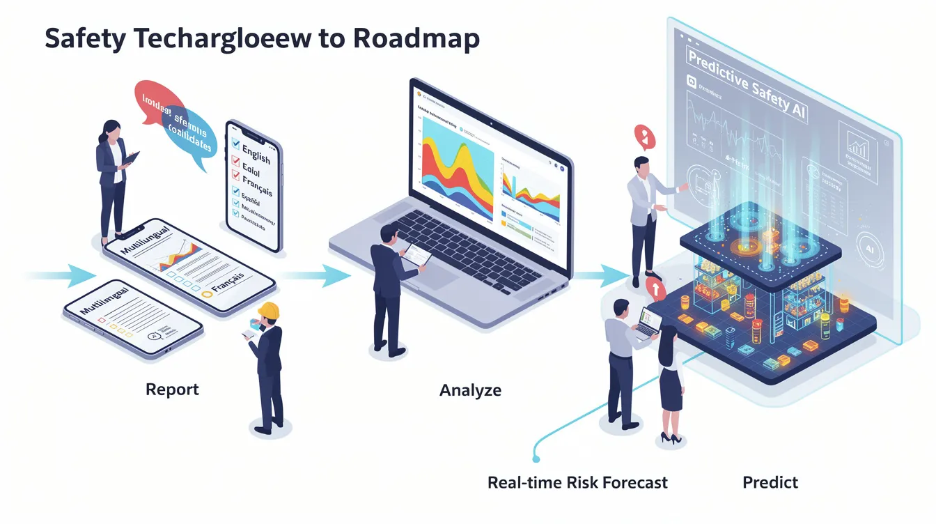 The image depicts a detailed roadmap illustrating the transition from multilingual incident reporting to an advanced, AI-driven safety management system. It highlights key components such as incident investigation, corrective actions, and risk assessments, emphasizing a structured approach to workplace safety and continual improvement.