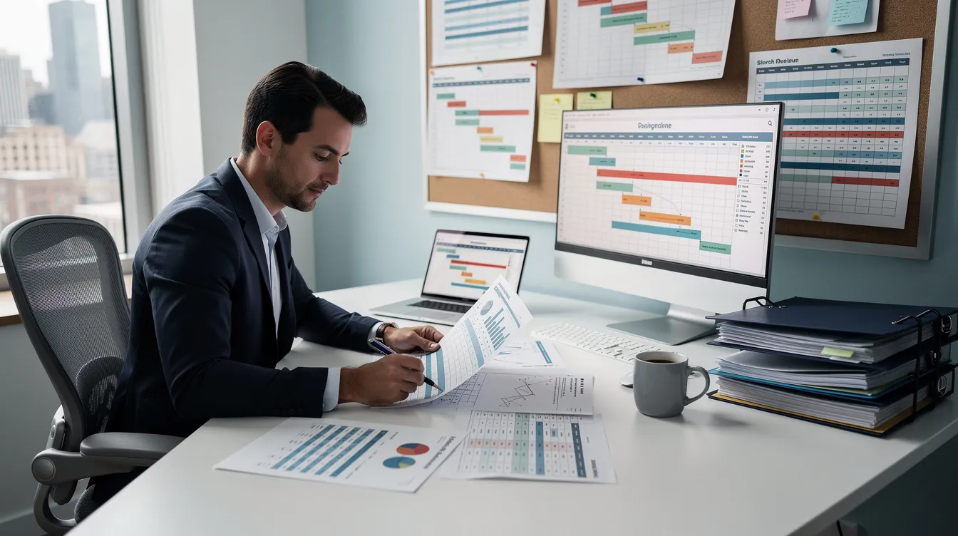A professional is seated at a desk in an office, carefully reviewing financial documents and project timeline charts, which may include project proposals and summaries related to enterprise development grants and productivity solutions grants. The environment suggests a focus on business growth and strategic planning for digital transformation projects.