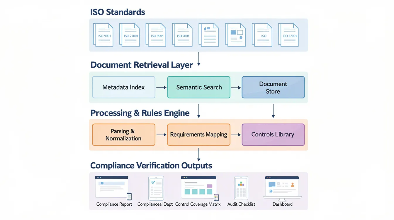 The image depicts an architecture diagram illustrating a layered document retrieval system that connects ISO standards to compliance verification outputs, emphasizing the importance of human review in mitigating hallucination risks associated with AI systems. It highlights the role of retrieval augmented generation (RAG) and the need for domain-specific validation rules to ensure factual accuracy in regulatory reporting.