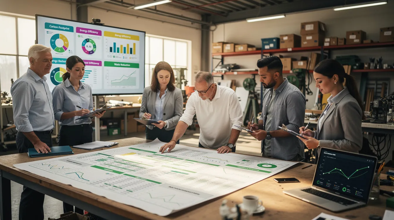 In a workshop setting, professionals, including sustainability officers and supply chain managers, are engaged in reviewing sustainability data displayed on screens and printed reports, focusing on greenhouse gas emissions and carbon accounting. The atmosphere is collaborative, emphasizing effective GHG management systems and compliance with climate reporting regulations to support sustainable development and achieve net zero emissions.
