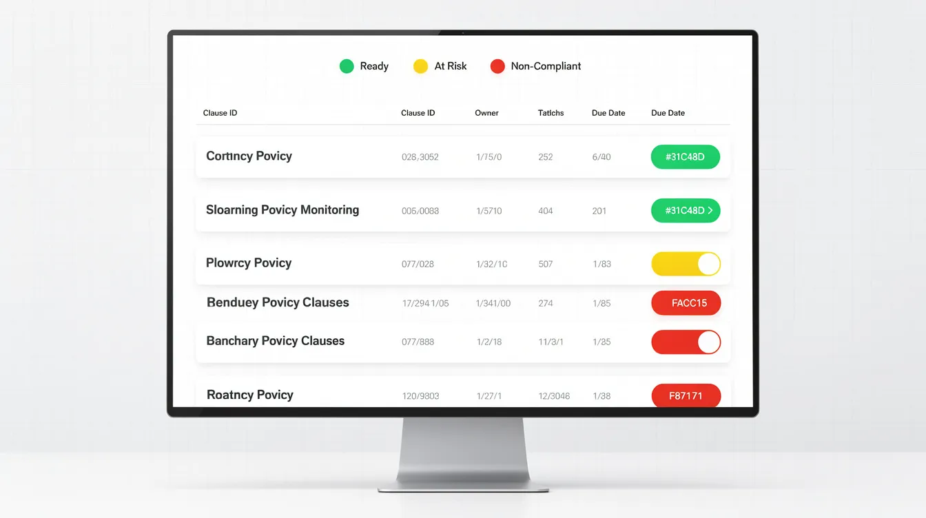 The image depicts a compliance monitoring dashboard featuring green, yellow, and red indicators that represent the readiness status of various clauses in a quality management system. This visual tool aids quality managers in assessing audit readiness and ensuring compliance with ISO 9001:2015 standards for continuous improvement and quality assurance.