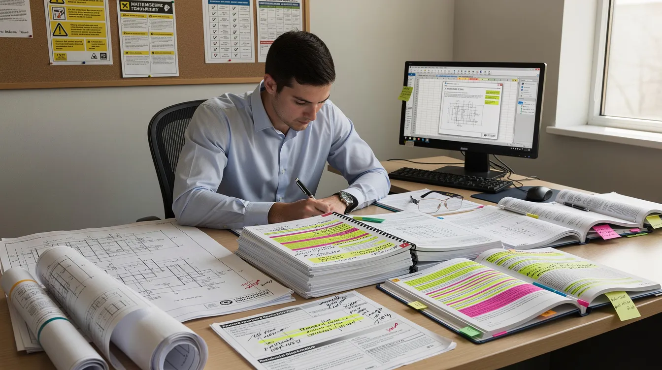 A safety professional is seated at a desk, meticulously reviewing large stacks of technical drawings, inspection reports, and procedure manuals, all featuring highlighted annotations. This scene reflects the critical process of hazard identification and risk assessment, essential for ensuring safety in operations and managing associated risks in the workplace.