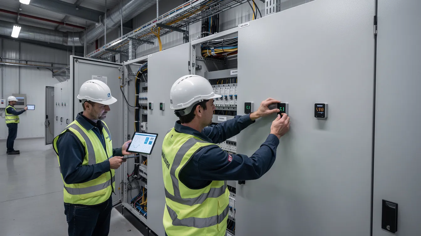 A technical team is seen installing IoT sensors on electrical distribution panels within an industrial building, aimed at enhancing energy management systems. This setup will facilitate continuous monitoring of energy consumption, contributing to improved energy performance and compliance with ISO 50001 standards.