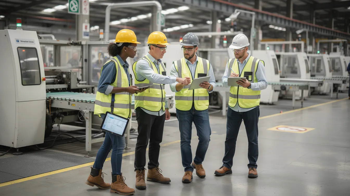 A team of safety professionals is conducting a factory walkthrough, using digital tablets to assess compliance with ISO 45001 standards for occupational health and safety. They focus on hazard identification and risk assessment, ensuring the effectiveness of the safety management system and preparing for certification readiness.
