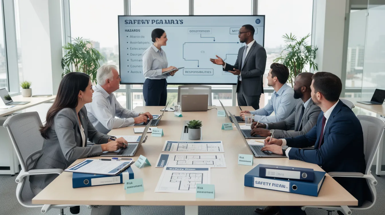 The image depicts an open office workspace where a team is engaged in a discussion around a conference table, surrounded by safety planning documents. This setting emphasizes the importance of risk management and workplace safety in the context of conducting risk assessments and implementing health management systems.