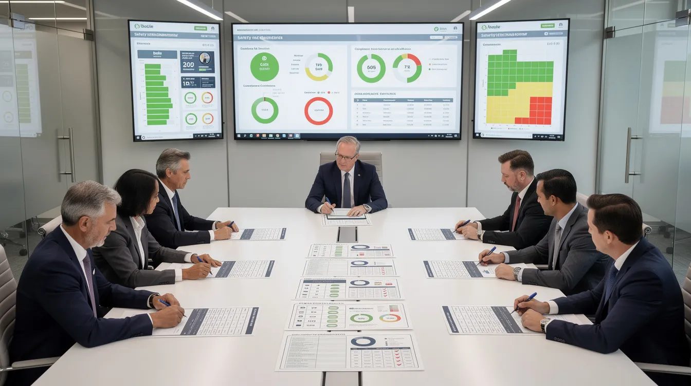 The image shows an office meeting room where executives are engaged in a discussion, reviewing safety compliance documents and digital dashboards related to workplace safety standards. The focus is on ensuring adherence to the WSH management system and risk assessments to protect workers and enhance the company's WSH capabilities.