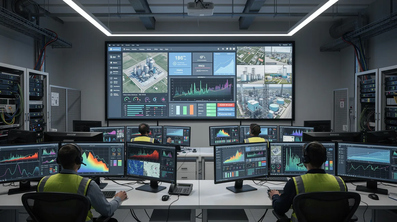 The image depicts an industrial control room filled with large screens displaying real-time environmental monitoring data and analytics, emphasizing the importance of an effective environmental management system in the manufacturing industry. This setting highlights key environmental metrics, compliance obligations, and proactive controls aimed at improving environmental performance and sustainability.