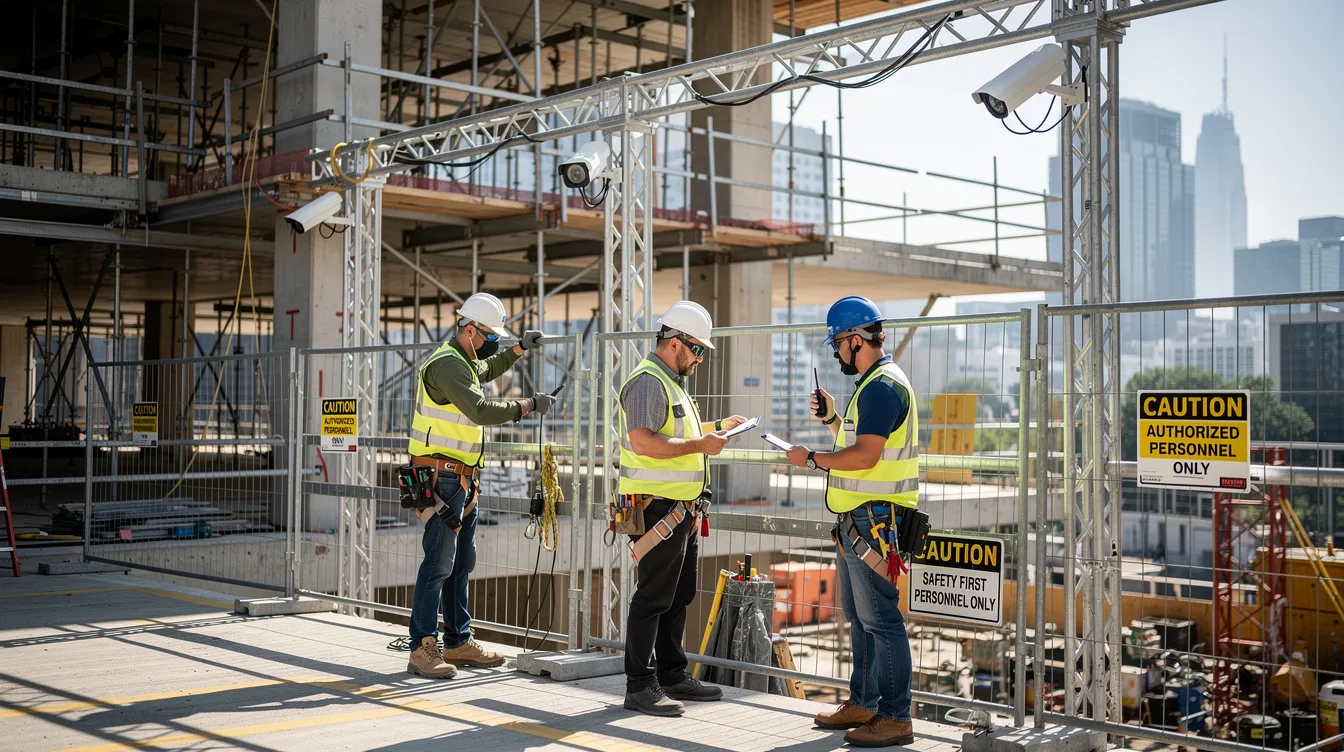 The image depicts a bustling construction site featuring scaffolding equipped with video surveillance cameras, ensuring workplace safety. Workers are seen diligently following safety protocols, emphasizing the importance of risk management and compliance with workplace safety standards as part of the Ministry of Manpower's enforcement efforts.