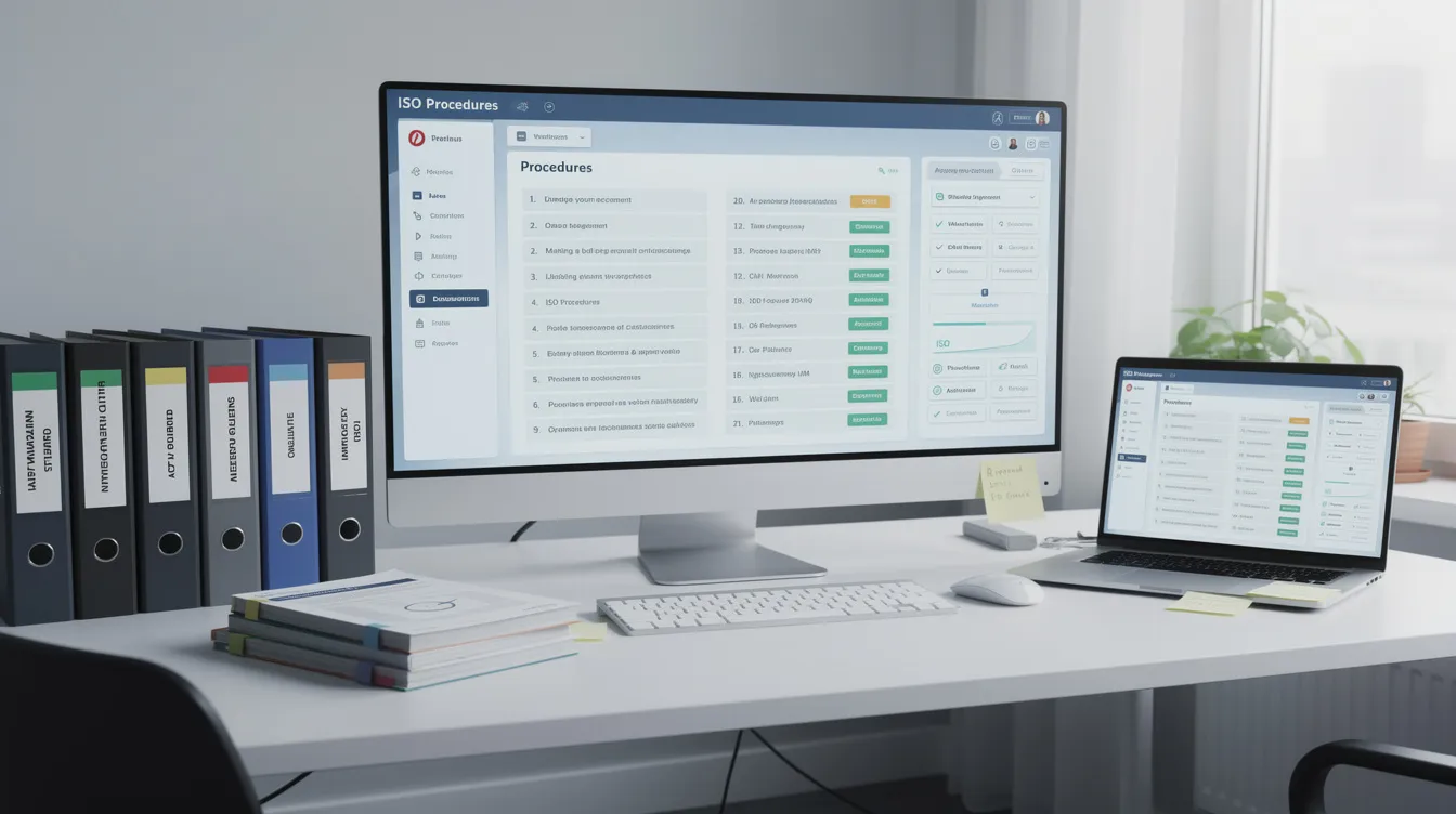 The image depicts a modern workspace featuring a digital interface displaying structured procedure documents and quality management reference materials, emphasizing the importance of quality management systems and continuous improvement cycles in maintaining ISO 9001 compliance. This setup highlights the integration of AI tools and quality documentation for effective audit readiness and operational excellence.