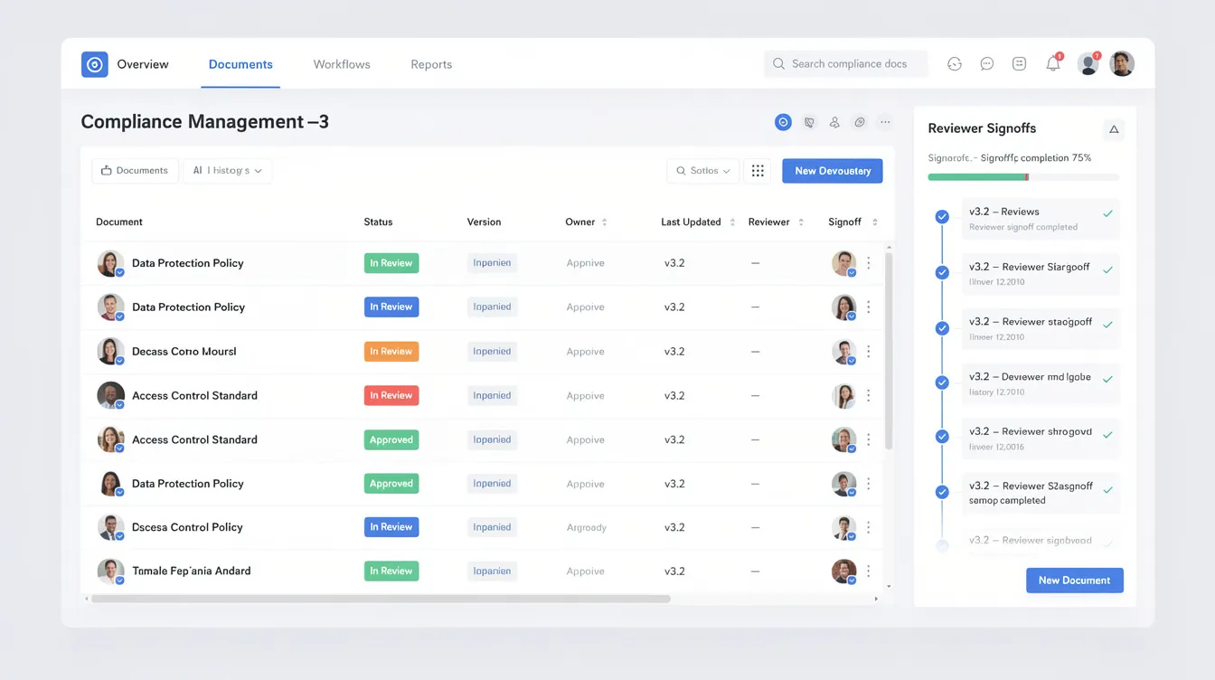 The image depicts a dashboard interface that showcases compliance documentation flows, featuring version tracking and reviewer signoffs. It emphasizes the importance of human review and oversight in ensuring the factual accuracy of AI-generated content, particularly within regulated industries.