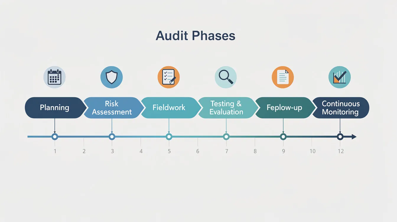 The image depicts a process flow diagram illustrating the audit phases, from planning to continuous monitoring, with timeline indicators. This structured framework highlights key elements of the audit process, ensuring compliance with AI management systems and governance frameworks, while addressing AI-specific risks and promoting responsible AI practices.