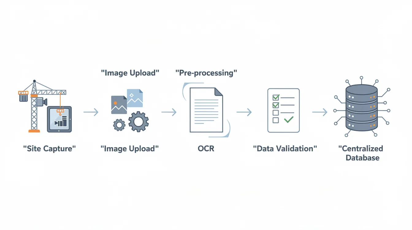 The image is a flowchart diagram illustrating the process of document processing, starting from site capture, moving through optical character recognition (OCR), and culminating in a centralized database. This visual representation emphasizes the importance of effectively implemented management systems for occupational health and safety, aiding in risk management and audit preparation.