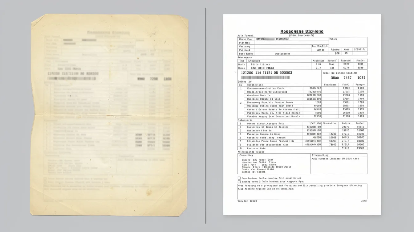 The image shows a side-by-side comparison of an industrial document; on the left, a faded scanned version, and on the right, the same document after digital processing, featuring clean text, structured data fields, and standardized formatting. This transformation enhances the document's usability for hazard identification and risk assessment processes in industrial settings.