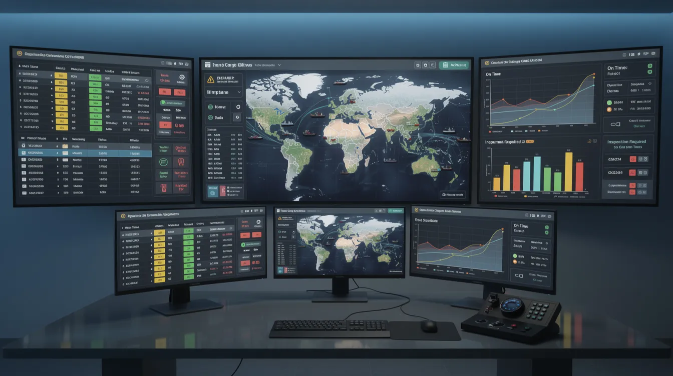 The image shows a digital dashboard with multiple screens displaying real-time cargo tracking data, featuring color-coded compliance indicators that highlight supply chain security and risk management. This setup emphasizes operational efficiency and supports the audit process for maritime logistics compliance in accordance with ISO 28000 standards.
