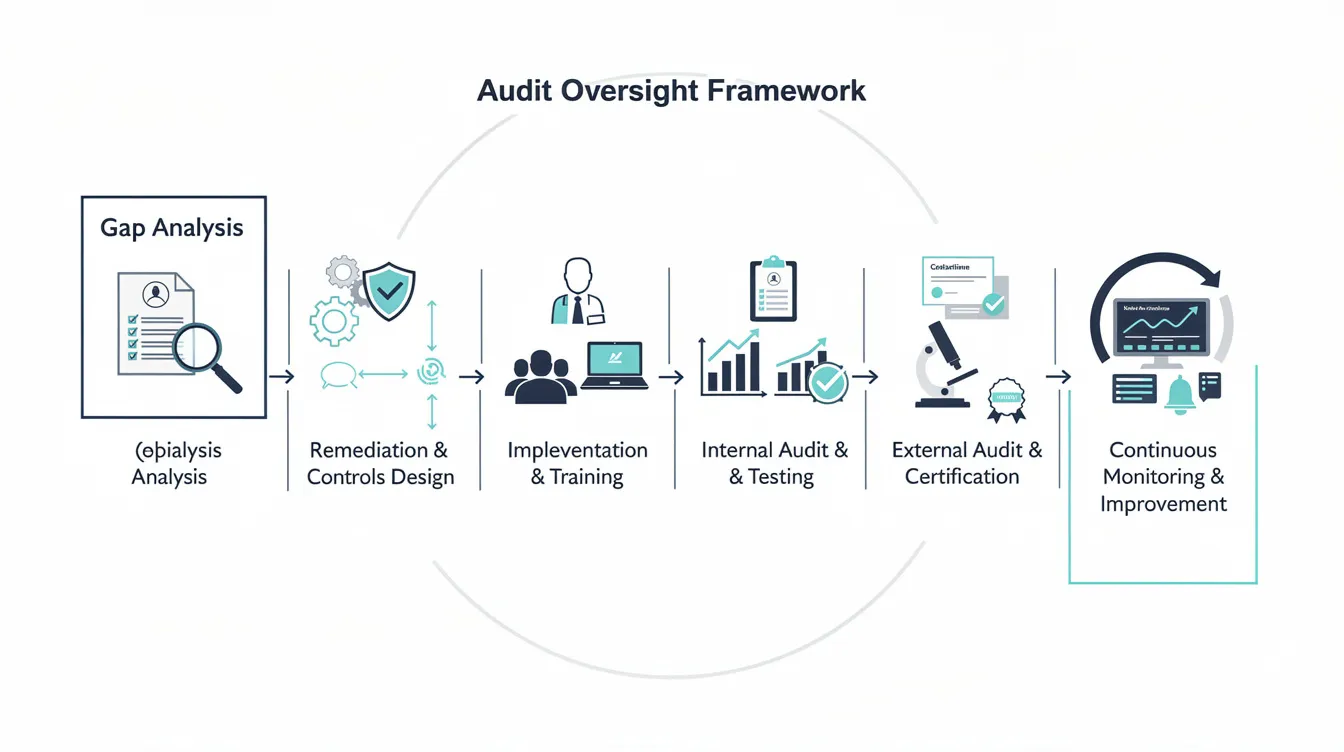 The image is a summary infographic illustrating a comprehensive audit oversight framework that spans from gap analysis to certification and continuous monitoring, emphasizing key elements like AI governance, risk management, and compliance with international standards such as ISO IEC 42001. It visually represents the structured processes involved in ensuring responsible AI usage and accountability within organizations.