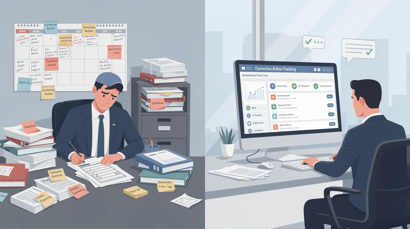 The image shows a before-and-after comparison of a manual paper-based workflow for incident reporting and corrective action tracking on the left, and an automated, AI-powered incident management system on the right. The left side depicts cluttered paperwork and slow processes, while the right side illustrates a streamlined, structured safety management system that enhances workplace safety and supports continual improvement through effective corrective action management.