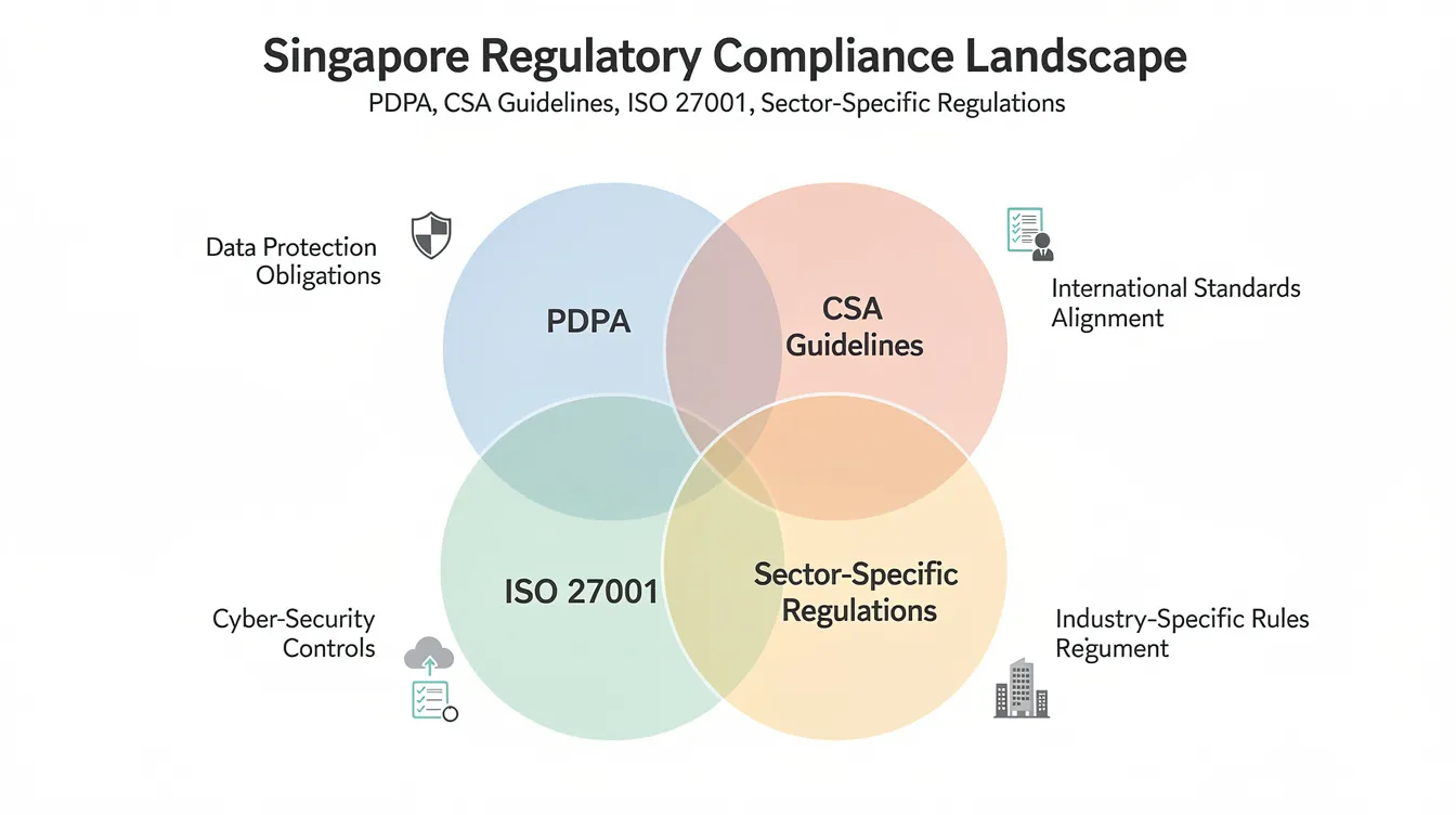 The infographic illustrates overlapping circles representing the Personal Data Protection Act (PDPA), CSA Guidelines, ISO 27001, and various sector-specific regulations in Singapore, highlighting the interconnectedness of data protection frameworks and compliance requirements for managing sensitive data and minimizing data privacy risks in regulated industries. Key concepts such as strict access controls, data residency, and audit trails are emphasized to showcase the importance of safeguarding personal data and ensuring compliance with data protection regulations.