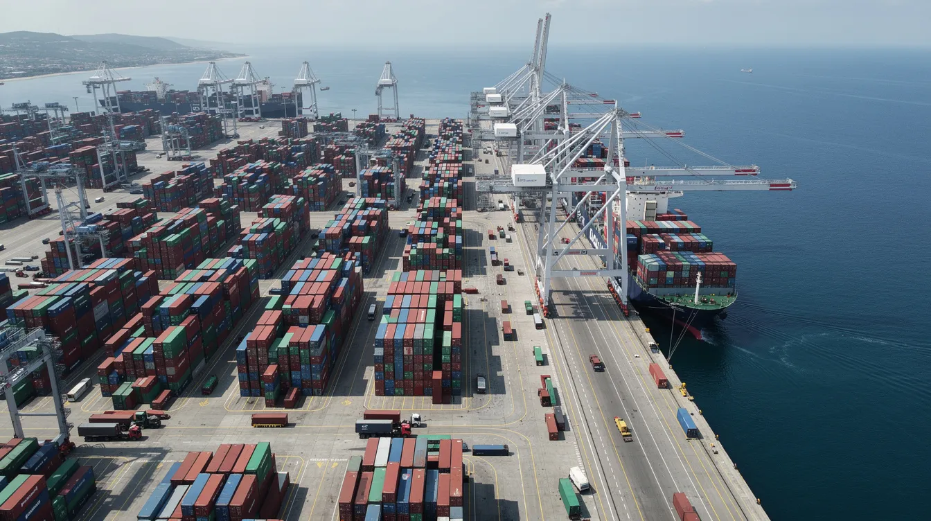 An aerial view of a bustling container port showcases numerous stacked shipping containers and towering cargo cranes along the waterfront, illustrating the vital role of supply chain operations in ensuring operational efficiency and security management. This scene highlights the complexities of maritime logistics compliance and the importance of risk management in maintaining supply chain security.