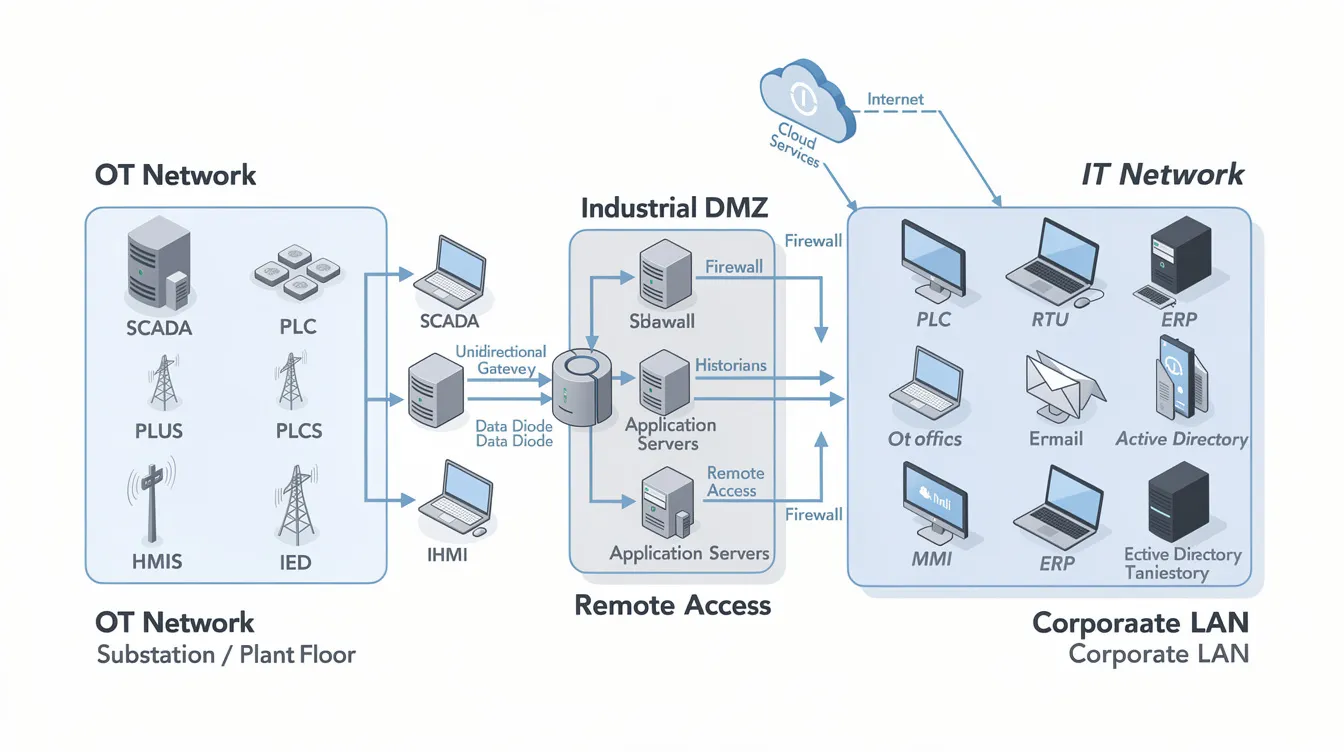 The image depicts a network diagram illustrating the convergence of Operational Technology (OT) and Information Technology (IT) systems through an industrial Demilitarized Zone (DMZ) within a utility environment. This visual representation highlights the importance of information security management systems, continuous monitoring, and security controls in mitigating cyber threats and ensuring compliance with ISO 27001 standards.