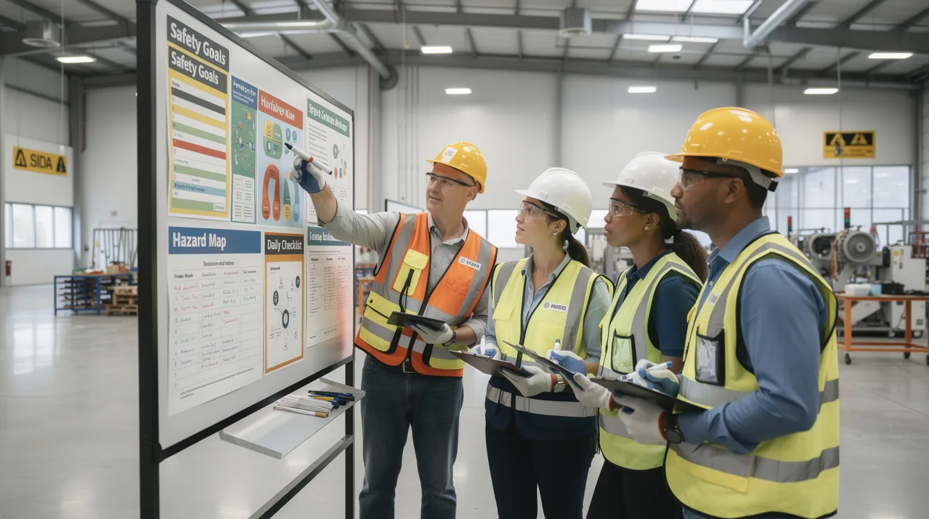 The image depicts a modern industrial workplace where employees are actively collaborating around a safety planning board, emphasizing their commitment to building a strong safety culture. The well-lit facility reflects a proactive safety culture, as workers engage in safety discussions and strategize on safety initiatives to enhance workplace safety and employee engagement.