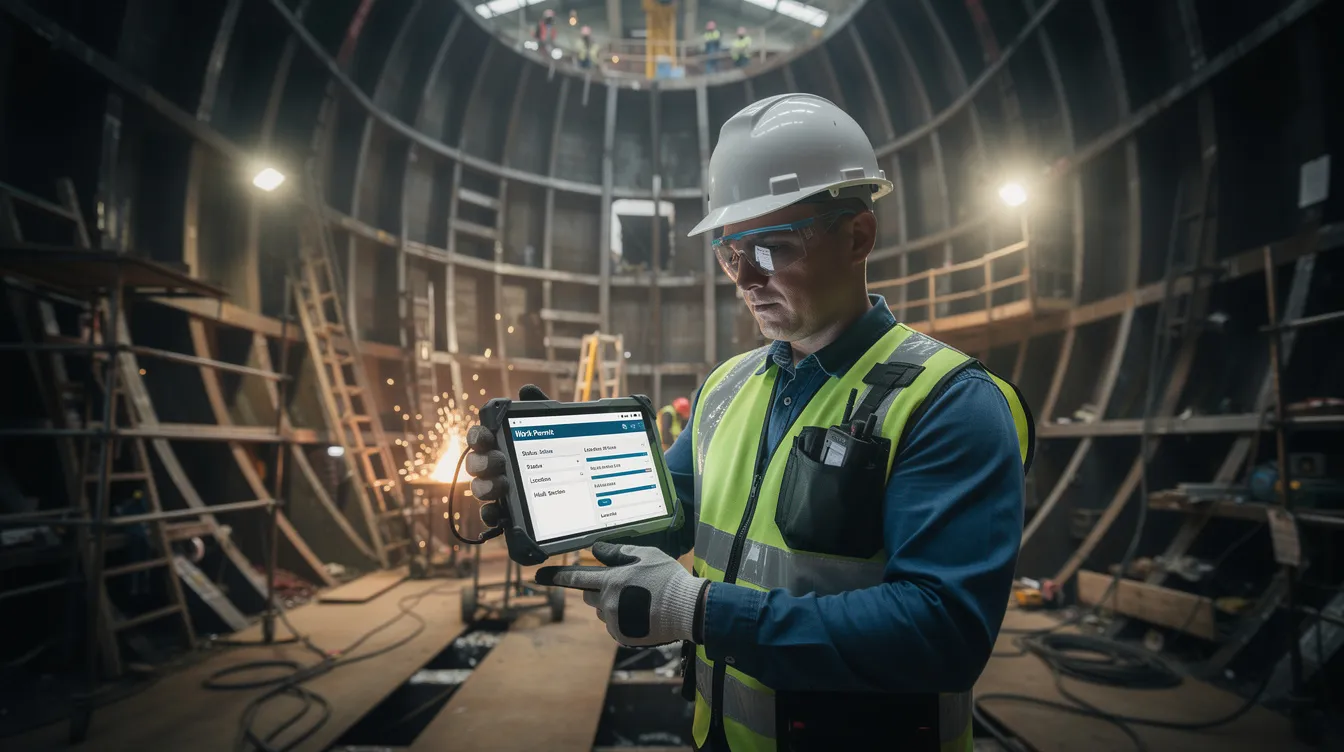 A safety officer is reviewing digital permit data on a tablet while inside a ship hull under construction, ensuring compliance with safety protocols for high-risk activities. This proactive safety culture emphasizes the importance of real-time visibility and risk management in confined space entry and hot work tasks.