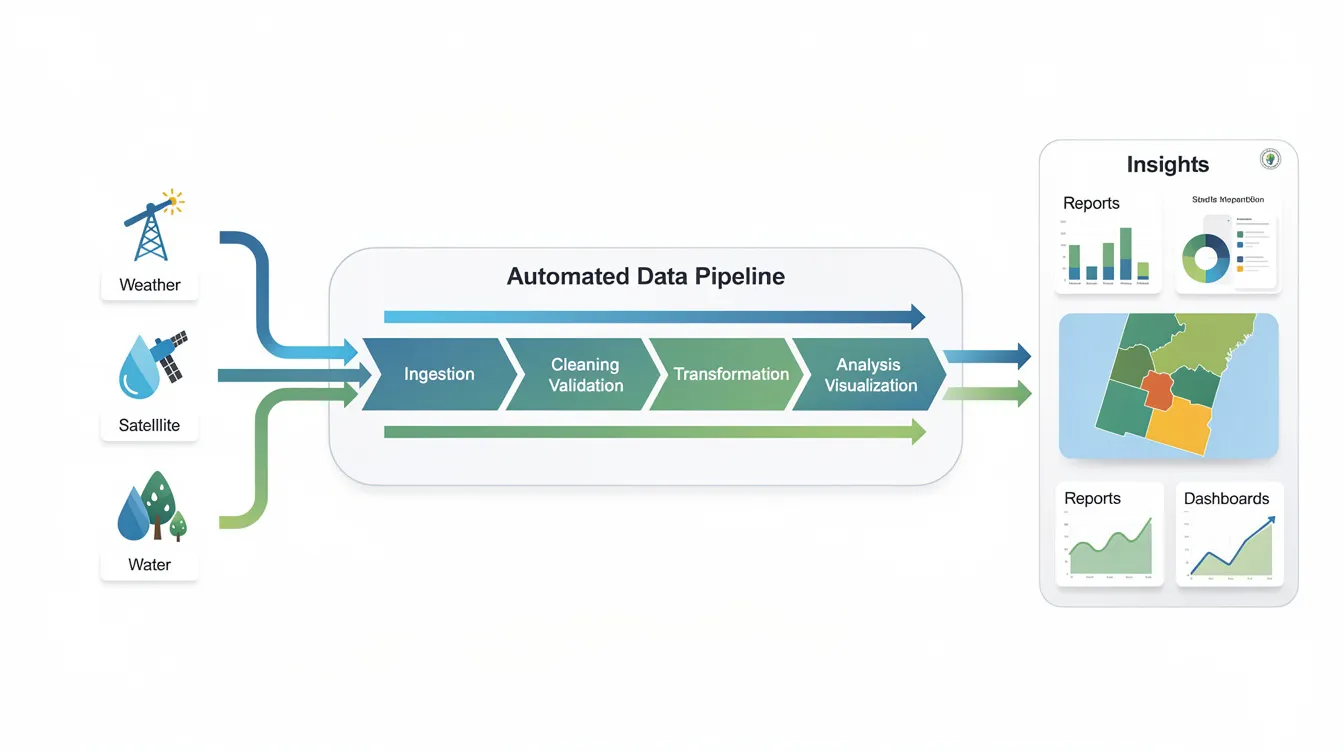 The image depicts a workflow diagram illustrating the flow of environmental data through various automated analysis stages, highlighting the processes involved in identifying and assessing significant environmental aspects and impacts in accordance with ISO 14001 standards. This visual representation emphasizes the importance of environmental management systems in monitoring air and water pollution, resource consumption, and regulatory compliance for sustainable practices.