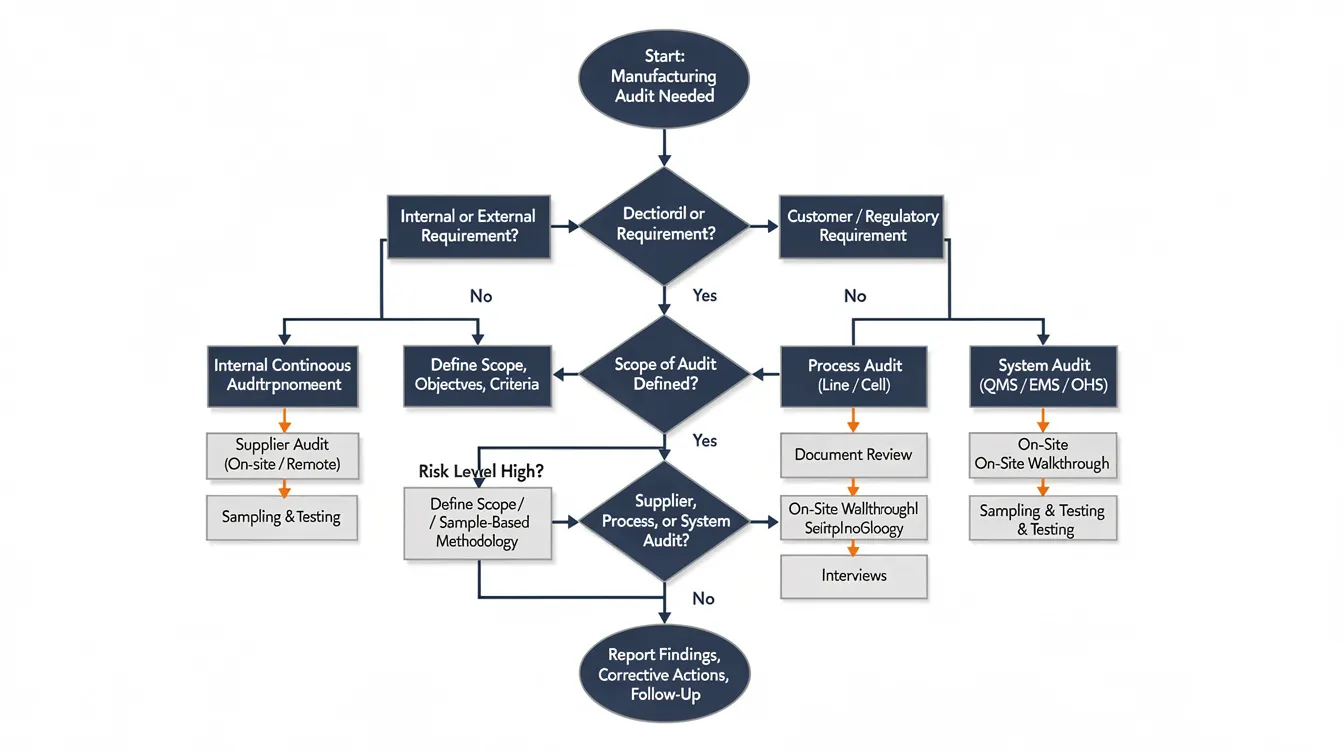 The image depicts a decision flowchart outlining the methodology selection process for manufacturing audits, emphasizing key components such as risk assessment, regulatory compliance, and effective internal audits. It illustrates the steps organizations must take to ensure their occupational health and safety management systems align with ISO 45001 standards and promote continual improvement in workplace safety.