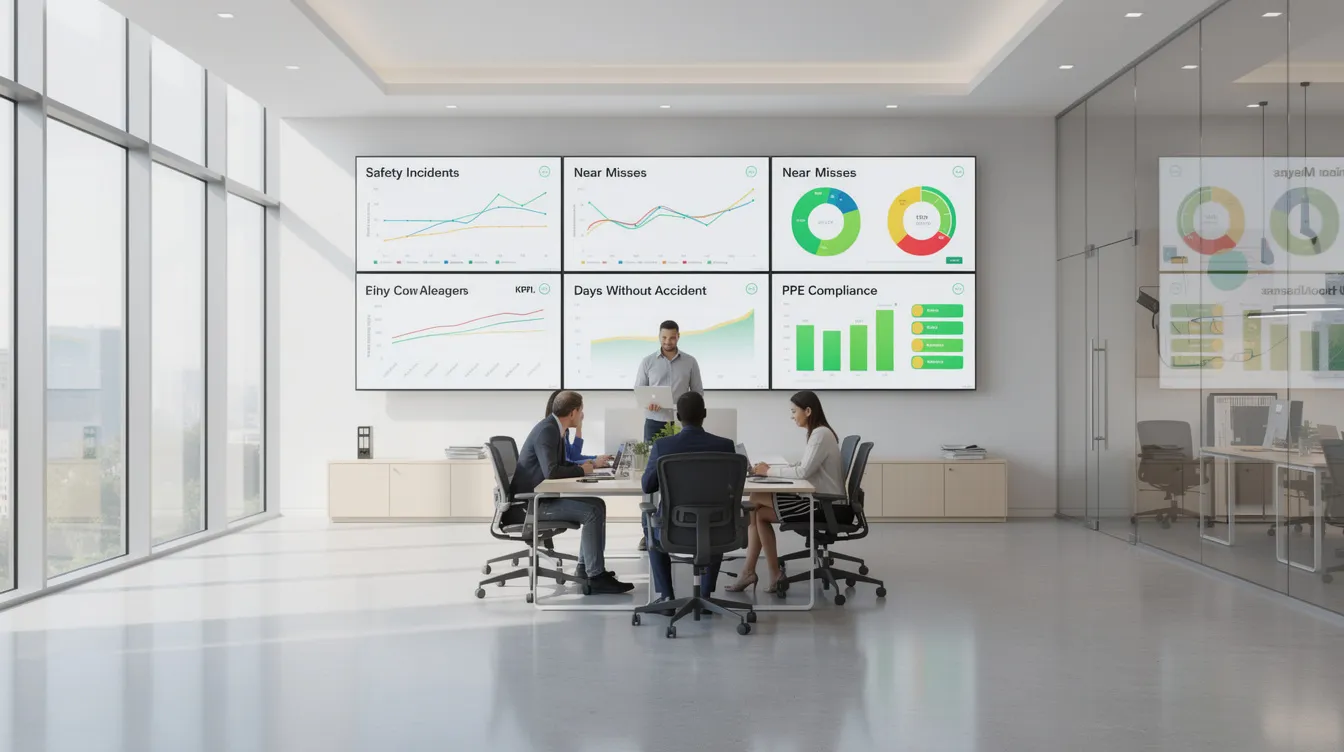 The image depicts a modern office environment featuring large digital dashboards that showcase workplace safety data, emphasizing risk management and safety practices. These screens are essential for monitoring workplace risks and implementing appropriate control measures, contributing to improved workplace safety and health standards.