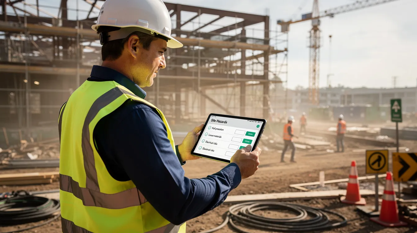 A construction supervisor is using a tablet to document site hazards with digital checklists, enhancing risk management and workplace safety. This proactive approach allows for effective hazard identification and the implementation of appropriate control measures to ensure compliance with safety and health standards.