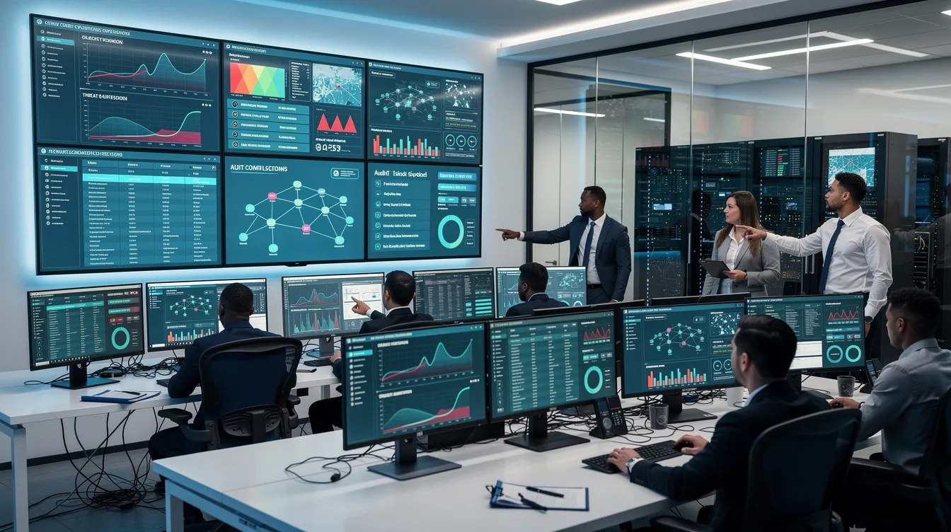 In a modern operations center, industrial professionals are engaged in reviewing security dashboards and compliance documentation displayed on large screens, focusing on data privacy and security controls relevant to regulated industries. The environment emphasizes strict access controls and continuous monitoring to mitigate data privacy risks associated with sensitive information and compliance burdens.