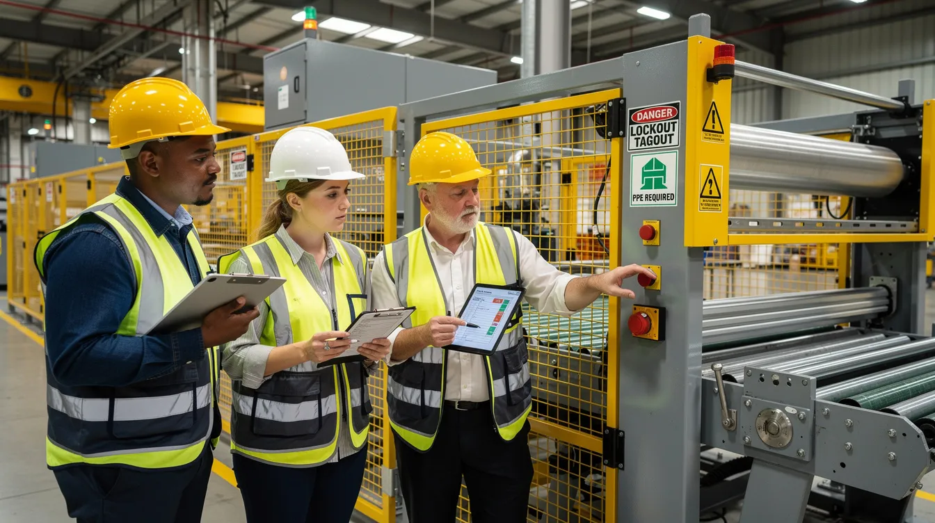 A safety audit team is gathered near industrial machinery, discussing their findings related to the safety management system and occupational health. They are focused on identifying hazards and assessing risks to ensure regulatory compliance and continual improvement in their integrated management system.
