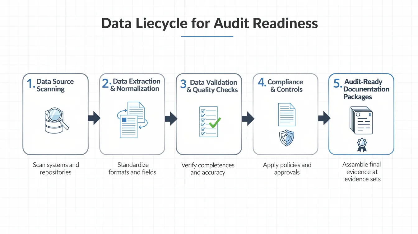 The image depicts a flowchart illustrating five sequential steps that guide the process from data source scanning to the creation of final audit-ready documentation packages, emphasizing the importance of quality management systems (QMS) and continuous improvement in achieving ISO 9001:2015 compliance. Each step is designed to ensure quality control and enhance audit readiness through structured frameworks and documented procedures.