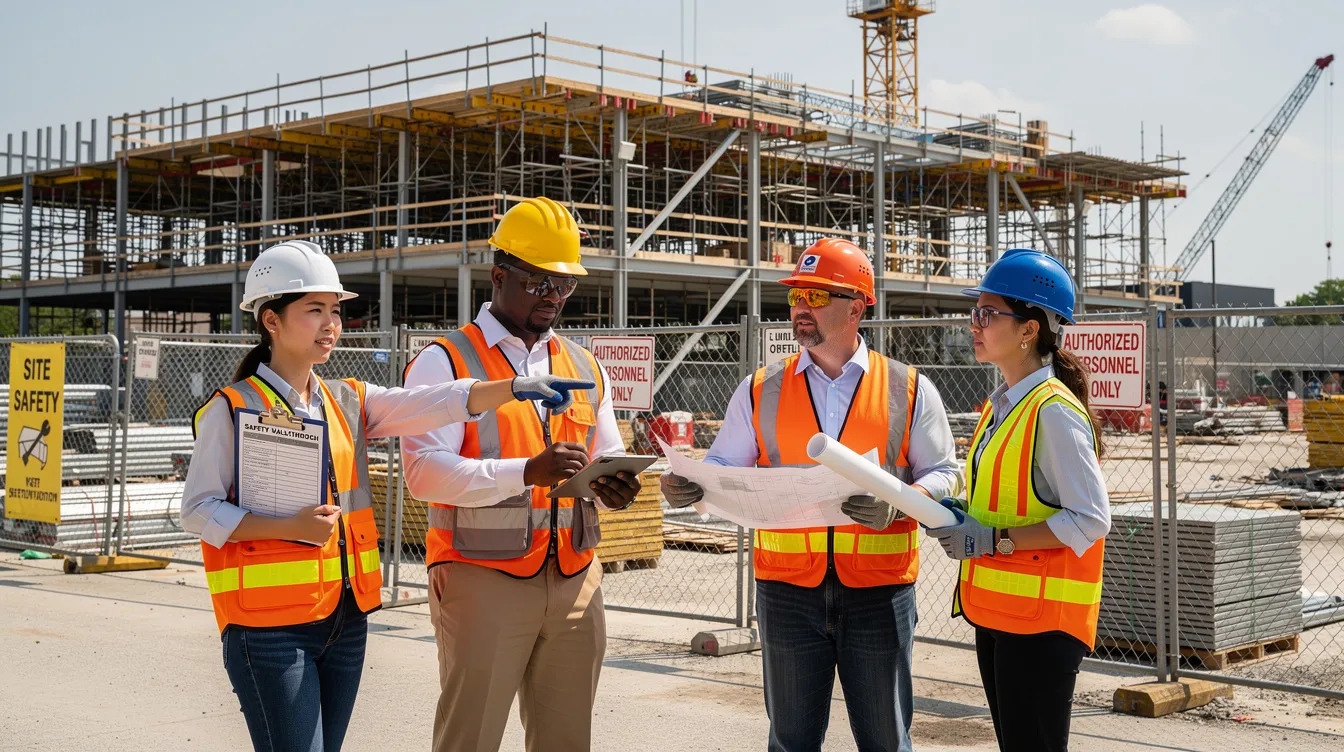 A diverse team of professionals is engaged in a safety walkthrough at a modern construction site, actively discussing safety concerns and identifying potential hazards. Their collaboration reflects a commitment to building a strong safety culture and implementing effective safety practices to ensure a secure work environment.