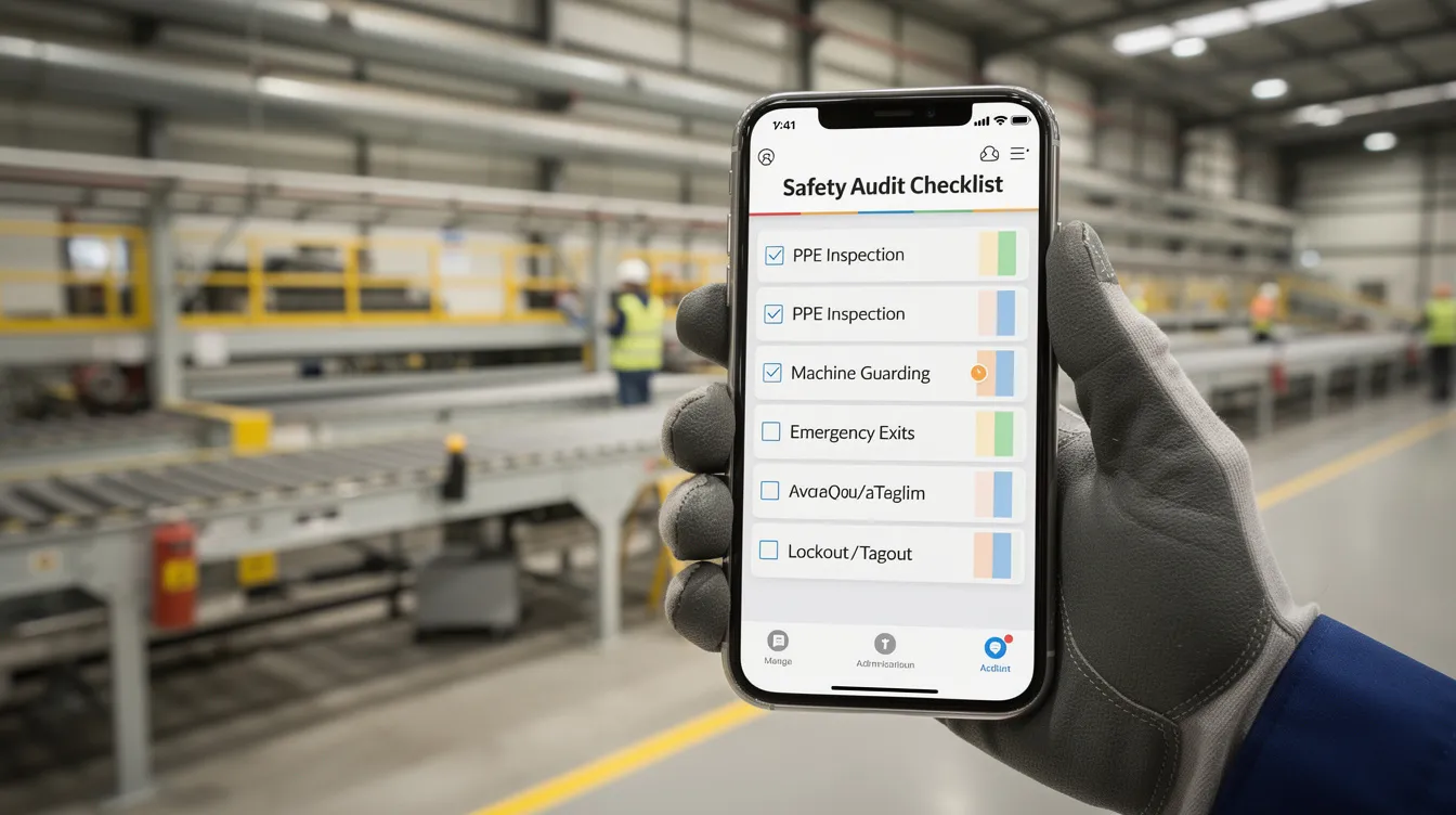 The image shows a mobile device displaying a safety audit checklist, set against the backdrop of an industrial manufacturing plant. This checklist is crucial for ensuring compliance and efficiency in operations, aligning with the digital transformation journey in heavy industries and the use of management consultancy services for project management.