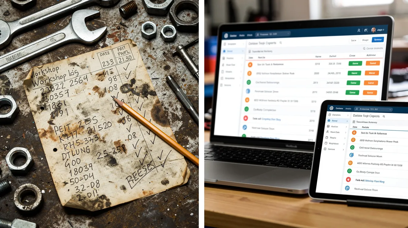 The image shows a side-by-side comparison of a handwritten workshop log on the left and a structured digital record on the right, illustrating the transformation from unstructured data to organized financial and operational data. This shift highlights the use of AI-powered tools to improve audit processes, enhance efficiency, and facilitate better decision-making in internal audit functions.