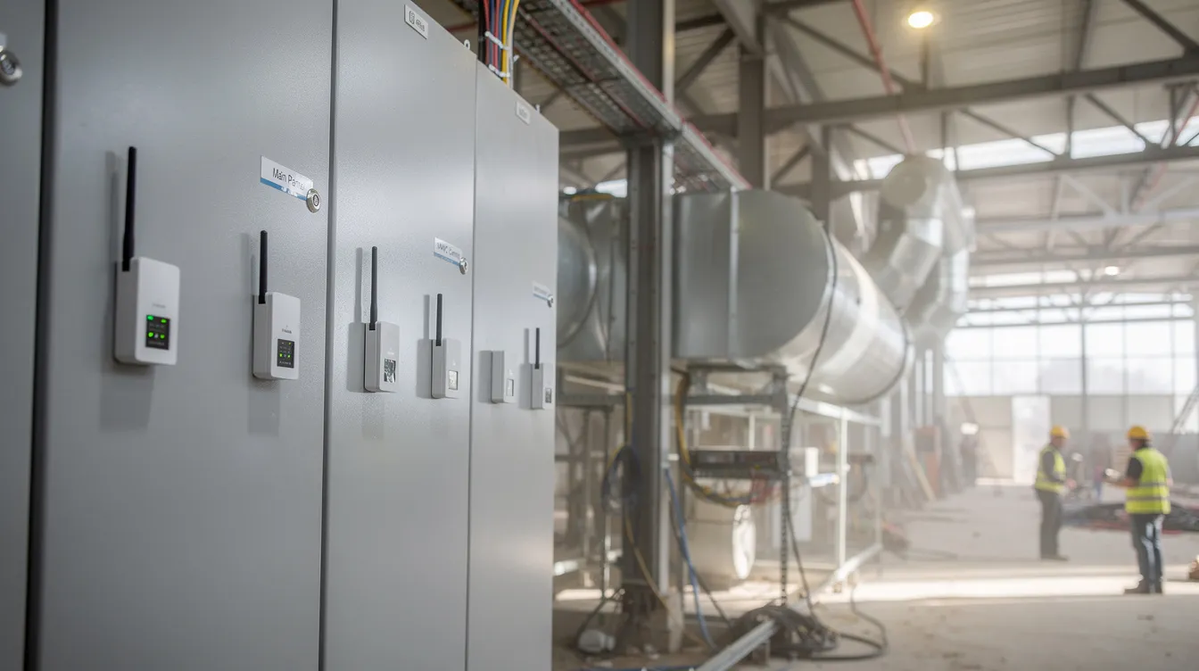 The image features wireless IoT sensors strategically installed on electrical panels and HVAC equipment within a construction facility, enabling continuous monitoring of energy consumption and performance. This setup supports energy management systems by providing accurate data for assessing energy efficiency and validating energy saving projects in line with ISO 50001 compliance.