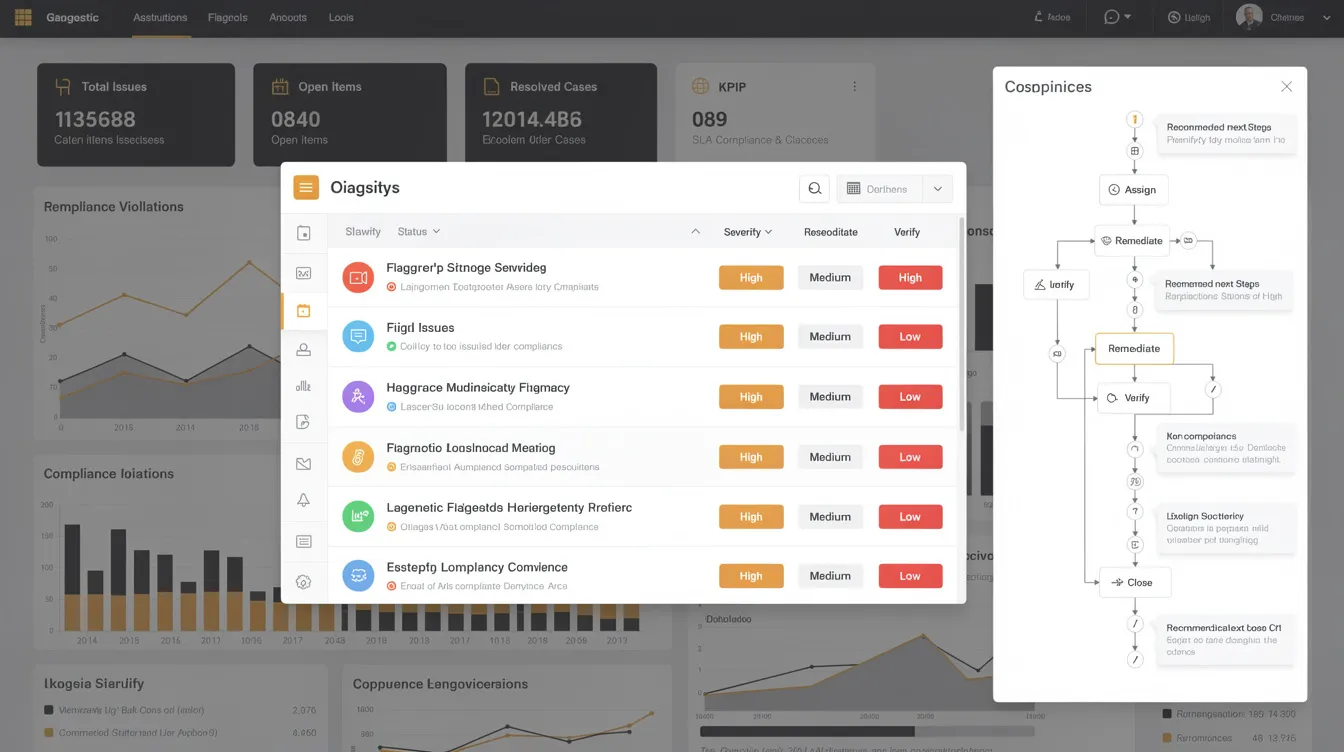 The image depicts a diagnostic dashboard that highlights compliance issues, featuring flagged items and resolution pathways. This visual tool aids quality managers in maintaining ISO 9001 standards, promoting continuous improvement and effective risk management within the quality management system.