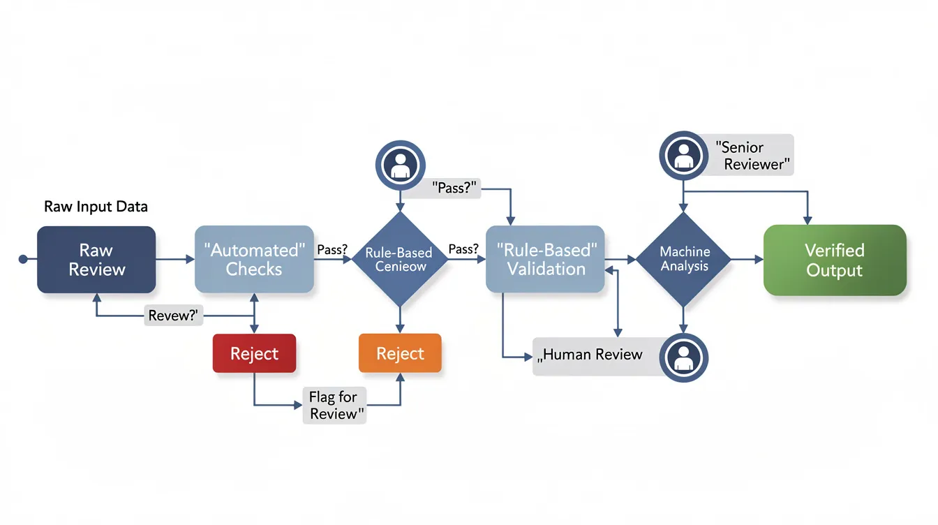 The image depicts a flowchart illustrating a multi-stage verification pipeline, featuring decision gates and human review checkpoints that emphasize the importance of human oversight in AI systems. This visual representation highlights the need for continuous monitoring and the application of hallucination mitigation techniques to ensure factual accuracy in AI-generated content.