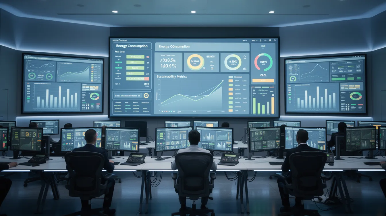 The image depicts a control room filled with digital monitoring screens that display various metrics related to energy consumption and greenhouse gas emissions. This setup aids sustainability officers and supply chain managers in tracking and managing their organisational GHG emissions, ensuring compliance with regulations and supporting sustainable development efforts.