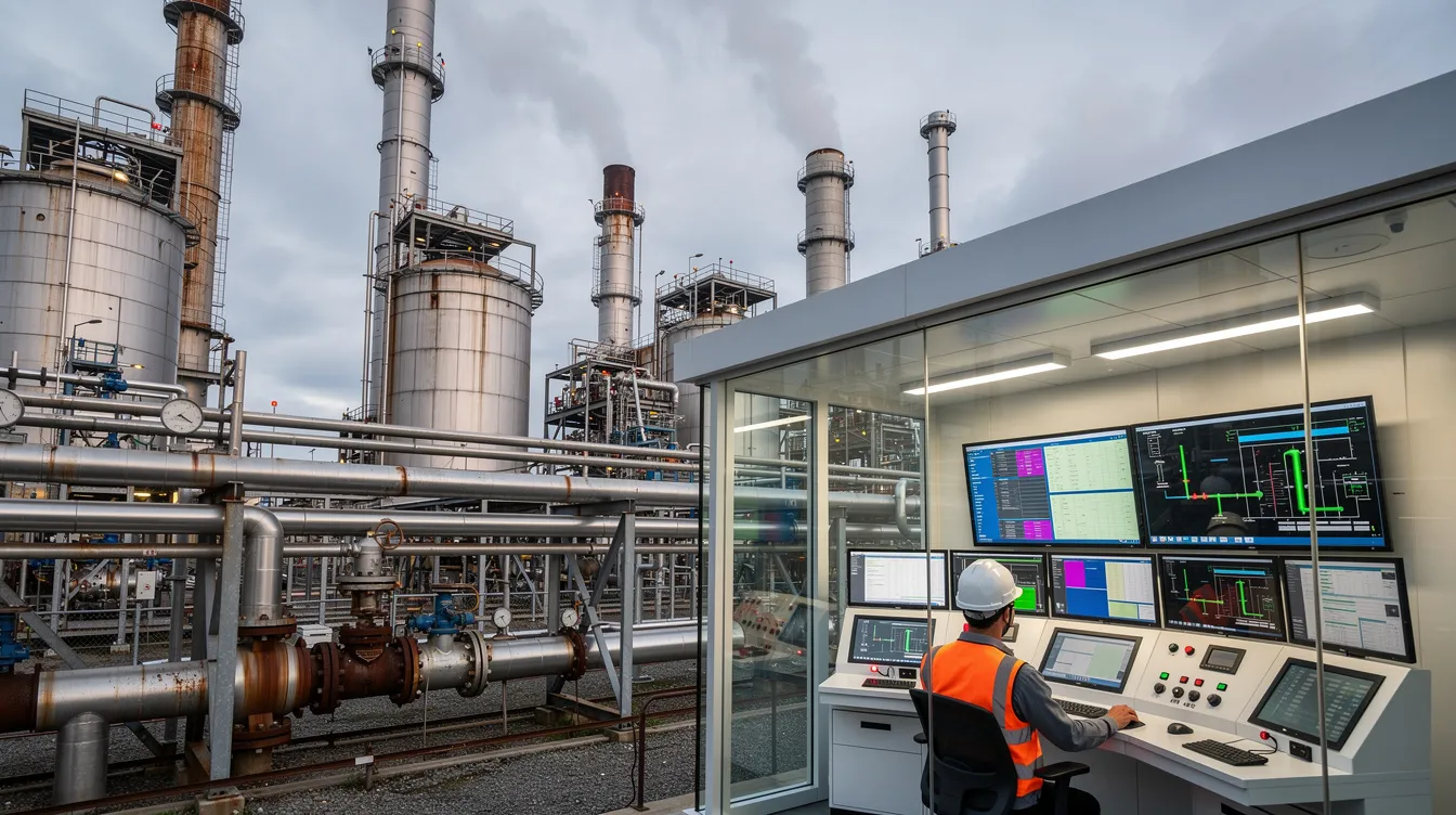 The image depicts an industrial facility featuring tall smokestacks and extensive piping systems, complemented by modern monitoring equipment for effective greenhouse gas (GHG) emissions management. This setup illustrates the importance of carbon accounting and emissions reporting in achieving sustainability and regulatory compliance within Singapore's heavy industry.