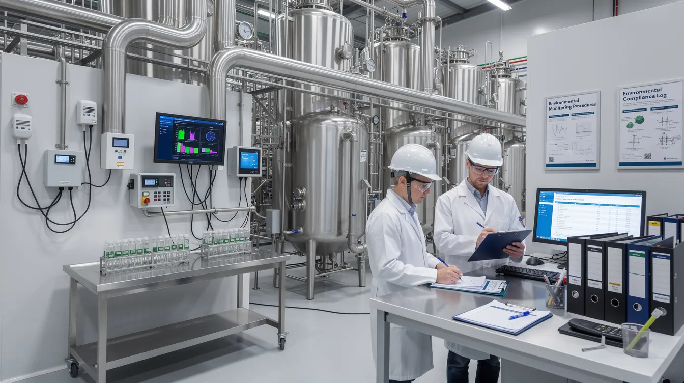 The image depicts a chemical manufacturing facility equipped with advanced environmental monitoring equipment and organized documentation systems, emphasizing the importance of an effective environmental management system. This setup reflects the facility's commitment to improving environmental performance, conducting internal audits, and adhering to compliance obligations in line with ISO 14001 standards.