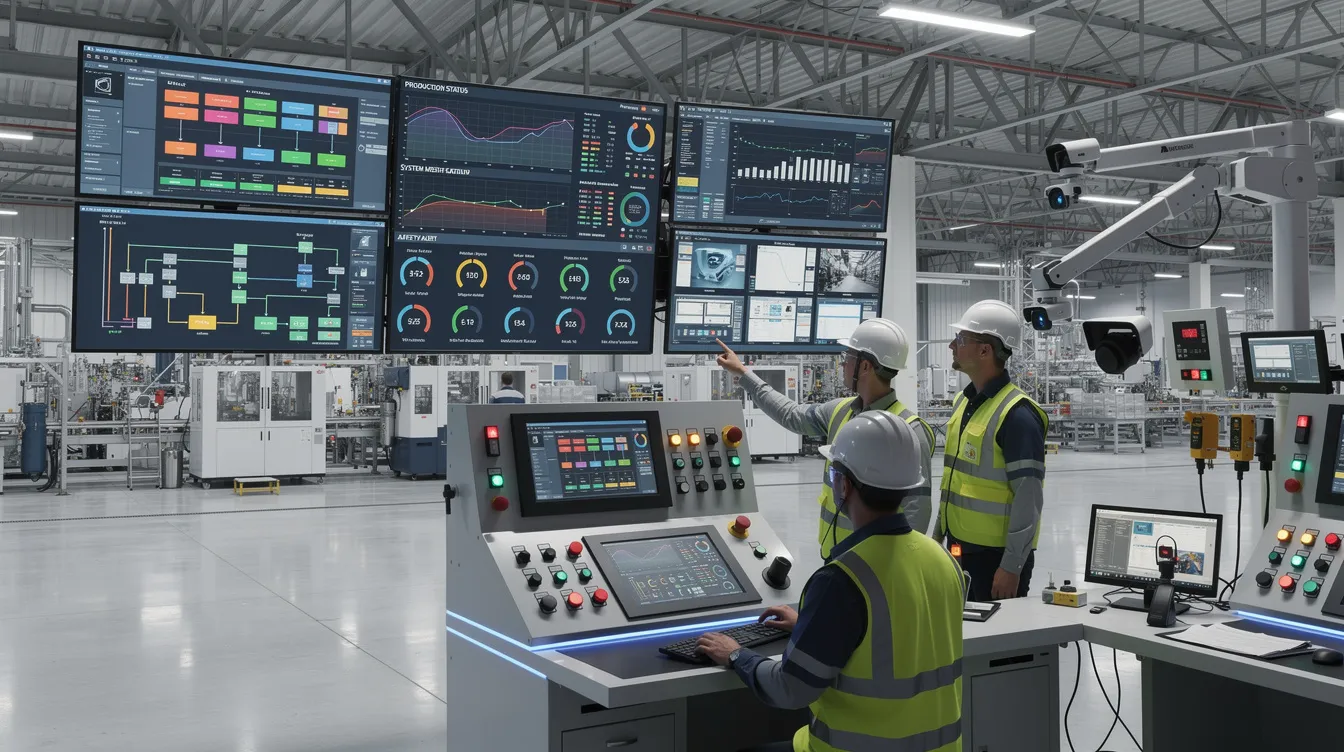 The image depicts an industrial facility equipped with digital dashboards displaying real-time data and safety monitoring equipment, highlighting the integration of automation solutions in the workplace. This environment reflects a commitment to digital transformation and productivity solutions, essential for enhancing business growth and ensuring compliance with safety standards.