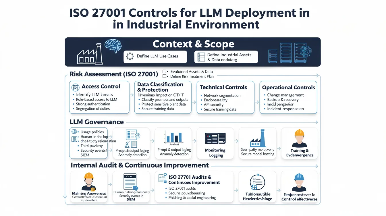 The image is a flowchart illustrating the step-by-step process for implementing ISO 27001 controls during the deployment of large language models (LLMs) in an industrial setting. It highlights key elements such as data privacy risks, access controls, and compliance with regulations, ensuring the protection of sensitive data like customer and financial information.