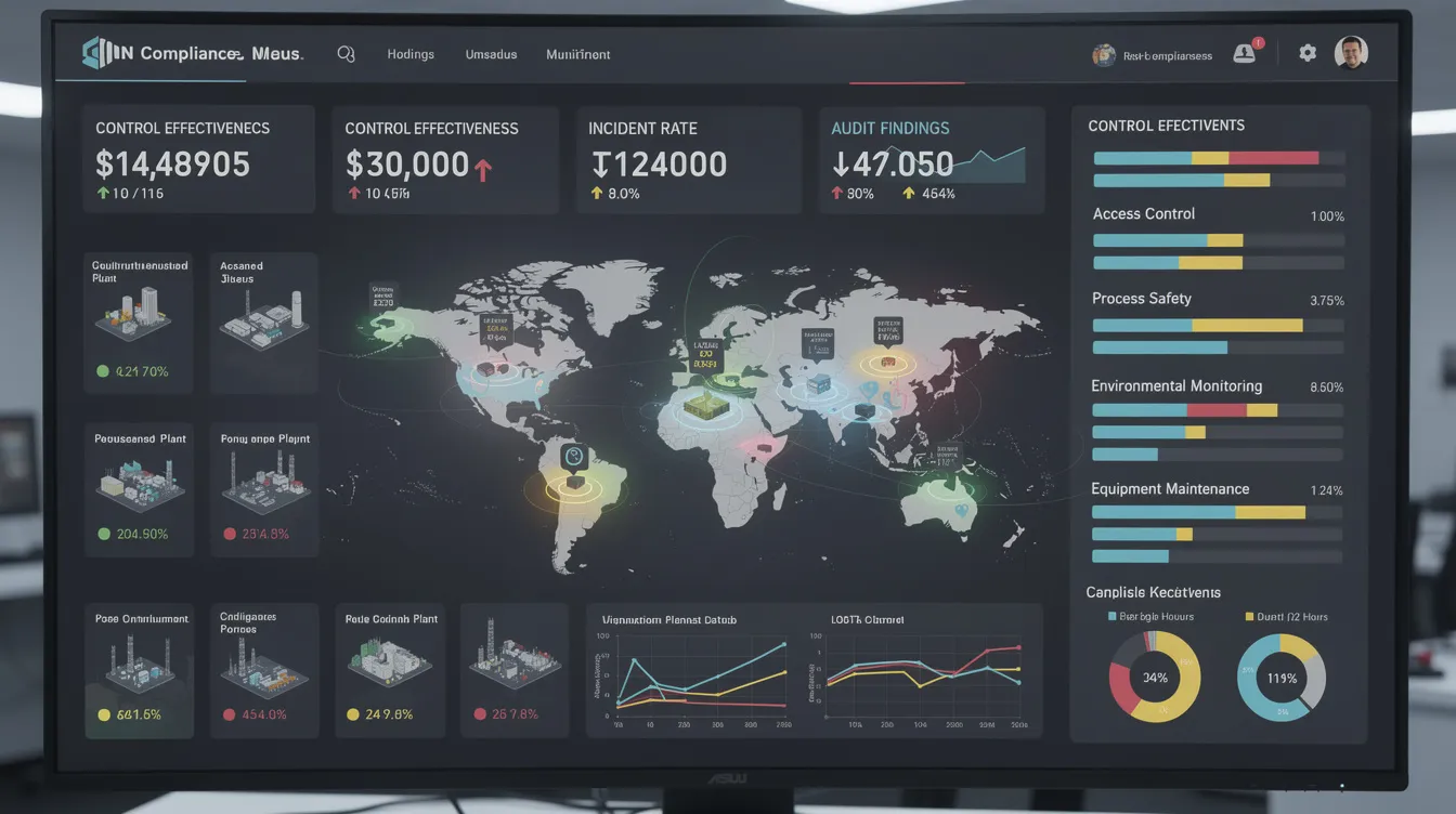 The image depicts a dashboard displaying real-time compliance status across various industrial facilities, highlighting control effectiveness metrics. It showcases key indicators for continuous monitoring and risk assessments, emphasizing the importance of information security management systems in maintaining ISO 27001 compliance and operational excellence.
