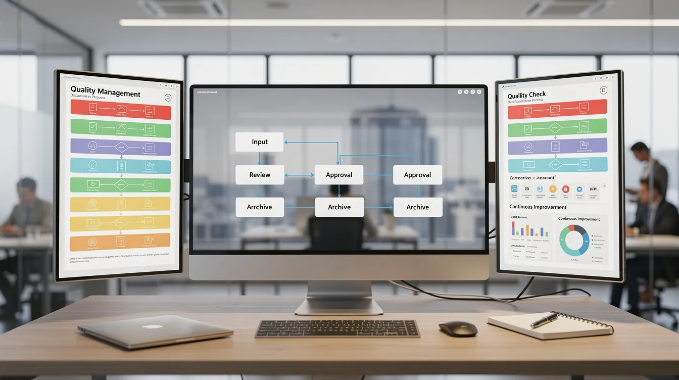 The image depicts a modern office workspace featuring multiple digital screens displaying interconnected document flow diagrams and quality management process maps, emphasizing the integration of management systems and the continual improvement of environmental performance through effective information retrieval and data management.