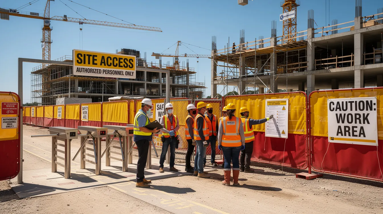 The image depicts a construction site where workers, dressed in protective equipment, are engaged in a safety briefing near safety barriers and access control gates. This scene emphasizes the importance of workplace safety and health, showcasing a proactive approach to risk management and compliance with safety and health standards.