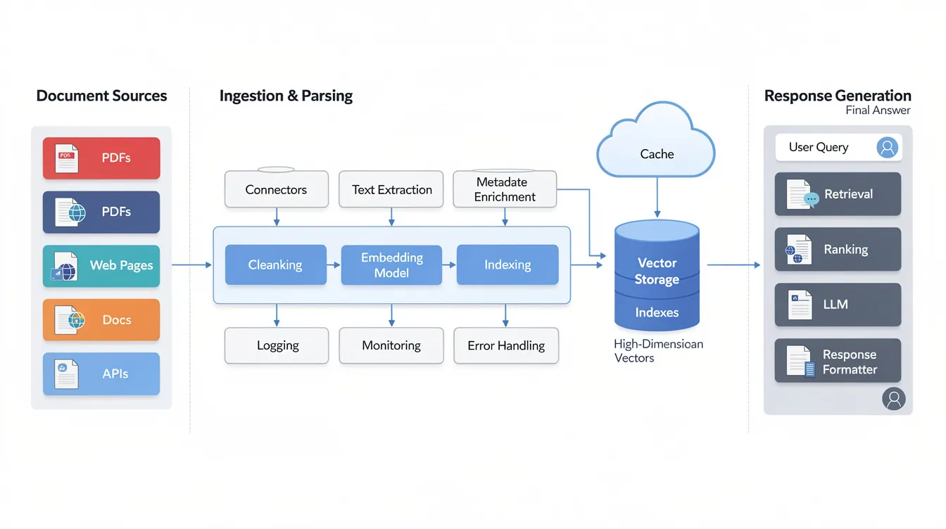 The image depicts a technical architecture diagram illustrating the layers involved in a processing pipeline, starting from document sources and leading to vector storage and response generation. This diagram highlights the integration of retrieval augmented generation (RAG) systems, showcasing how user input and external data are transformed into relevant information through a structured retrieval process for enhanced environmental management systems.