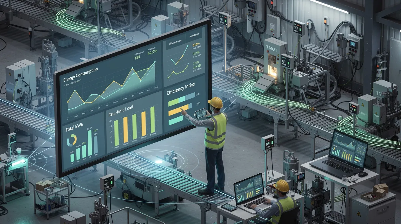 The image depicts IoT sensors and digital dashboards actively monitoring energy consumption across an industrial facility, showcasing energy management systems that provide real-time data on energy performance and efficiency. This setup highlights significant energy uses and supports continuous monitoring for improved energy savings and compliance with ISO 50001 standards.