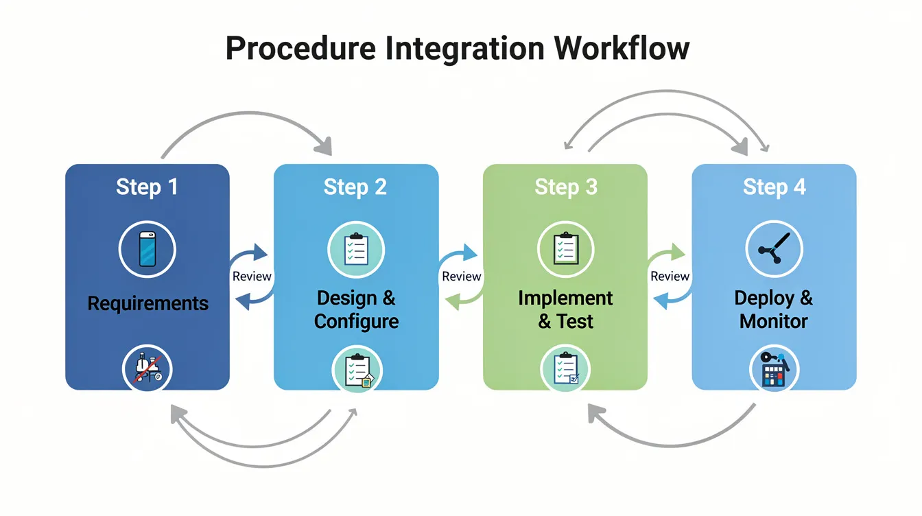 The image is a flowchart illustrating a four-step procedure integration workflow, featuring review checkpoints and feedback loops designed for quality management systems. This visual representation emphasizes continuous improvement and risk management, aligning with ISO 9001 standards to enhance operational excellence and customer satisfaction.